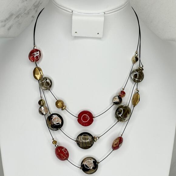 Chico's Black and Red Beaded Triple Strand Wire Gold Tone Necklace ✨ - Picture 1 of 9